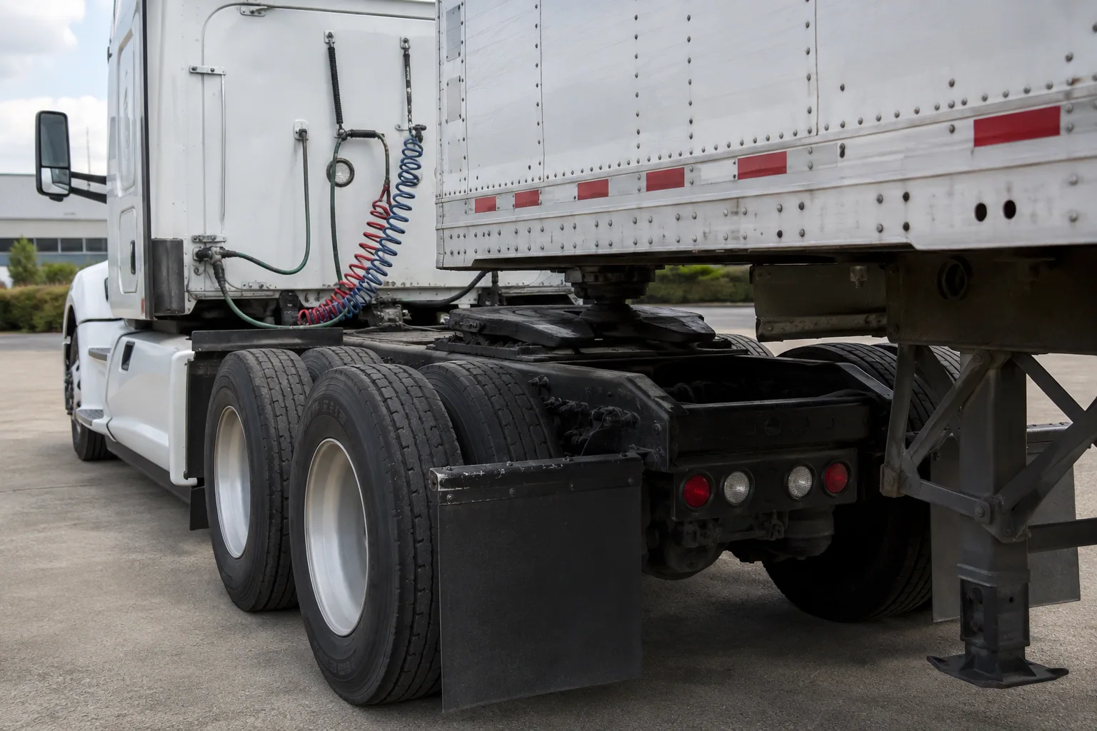 Illustrative detail of the coupling between an unbranded tractor and dry van trailer.