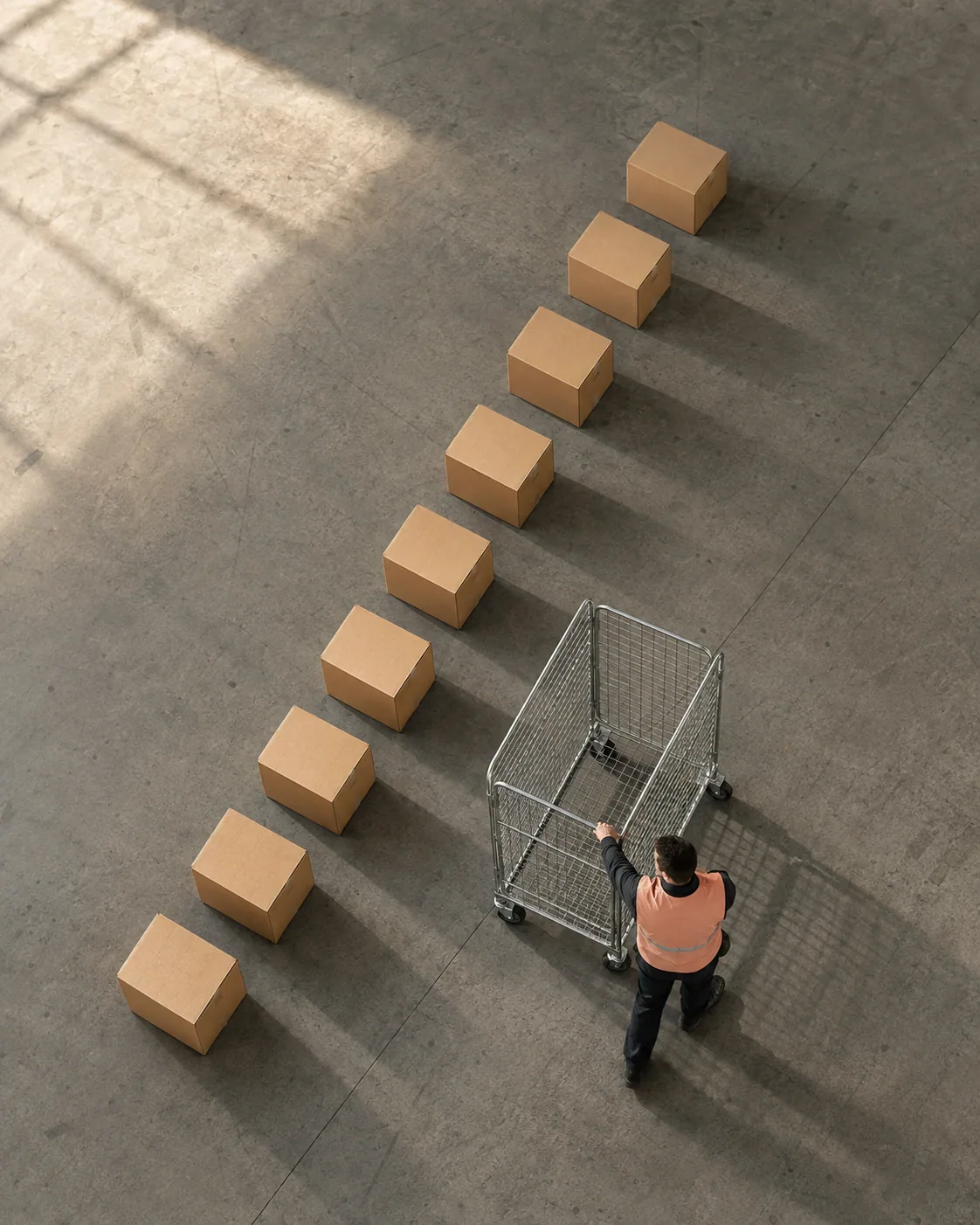 Illustrative overhead view of a warehouse worker moving an empty roll cage beside plain cartons.