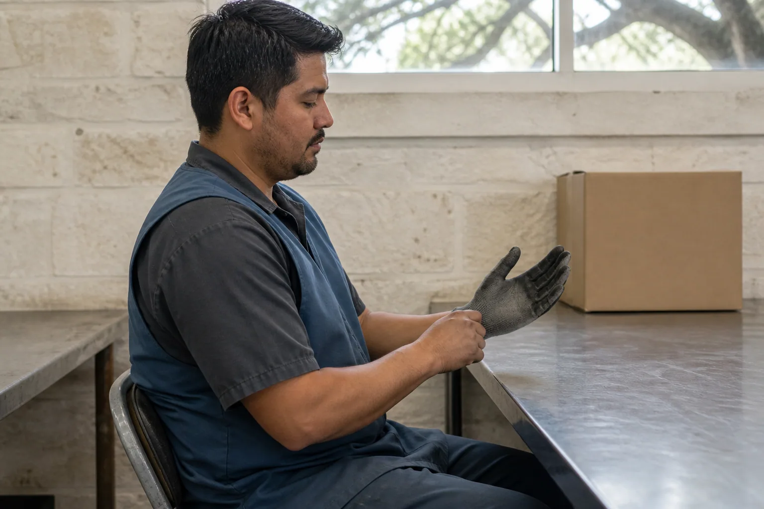 Illustrative warehouse worker adjusting a work glove at a steel bench.